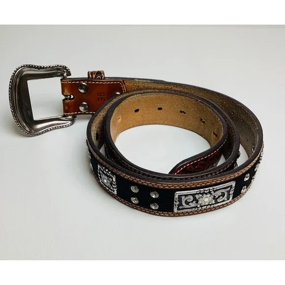Nocona Women's Concho Leather Rhinestone Silver‎ Floral Buckle 2-Tone Belt Sz 38 - Picture 2 of 8